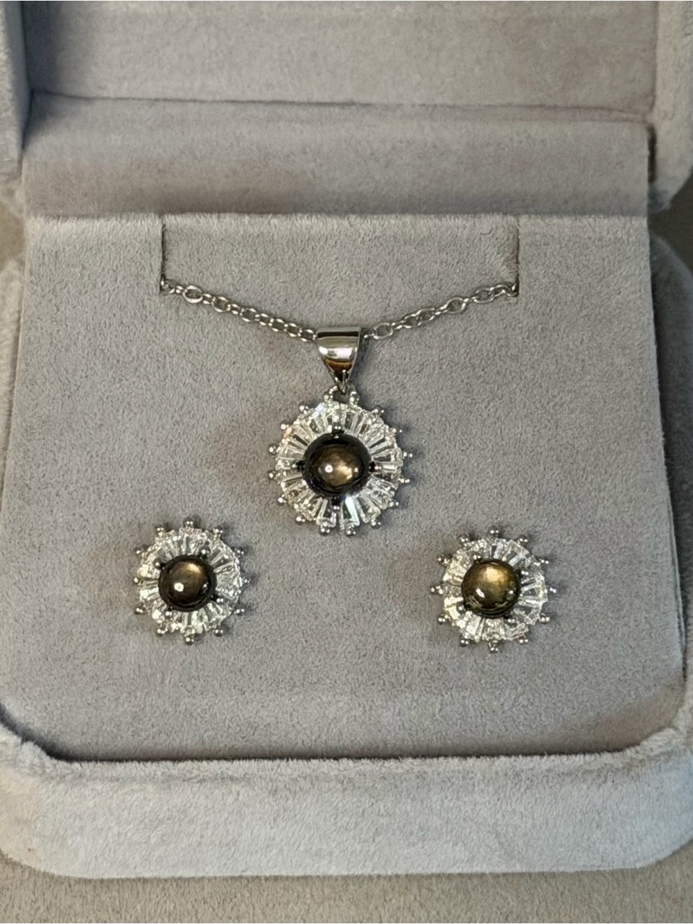 Set!!  Stunning Natural Black Star Sapphire Pendant Necklace & Earrings 925 SS - Picture 10 of 13